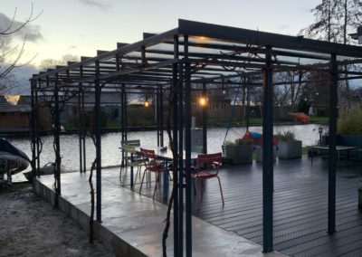 Opbouw van een stalen gecoate Pergola met gewapend dakglas en geplante druivenstronken